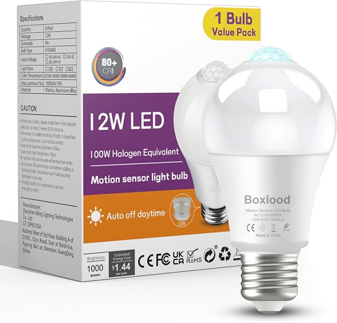 Motion Sensor Light Bulbs, 12W Motion Activated Dusk to Dawn Outdoor Light Bulb (100Watt Equivalent) A19 E26 6000K Cool White for Outdoor Indoor Front Door Porch Garage Basement Hallway, 1 Pack