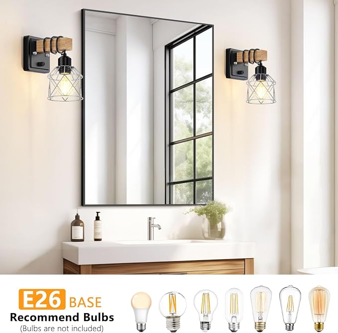FadimiKoo Wall Sconces Set of Two, Bedside Wood Wall Lamps with Rotary Switch, Black Bathroom Vanity Light with Silver Wire Cage, Rustic Dimmable Sconces Wall Lighting for Living Room, Hallway, Mirror