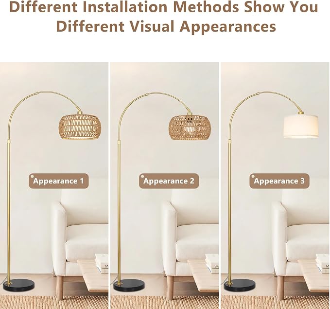 Gold Floor Lamps for Living Room, Arc Floor Lamp with Remote & Dimmable Bulb, Boho Rattan Standing lamp with 3 Color Temperatures, Height Adjustable Tall Lamp for Bedroom, Over Couch Reading Lamp