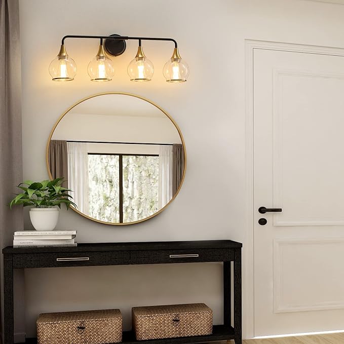 Black and Gold Bathroom Vanity Light 4-Light Bathroom Vanity Light Fixtures Over Mirror with Clear Glass Shade 30.7 inch Wall Sconce Lighting Bath(Exclude E26 Bulb)