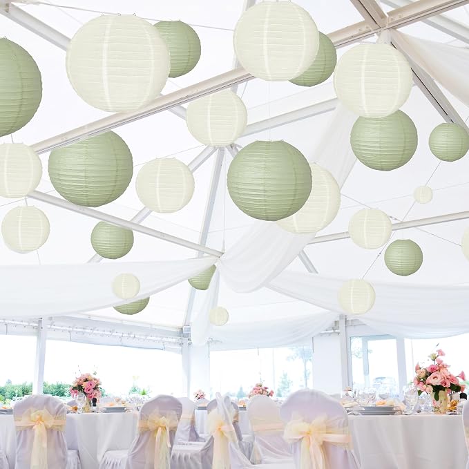 20Pcs Paper Lanterns, Sage Green and Ivory Hanging Lantern for Rustic Party | 6"8"10" Round Paper Lanterns Decorations for Bridal Shower Wedding Engagement Birthday Baby Shower Home Classroom Decor