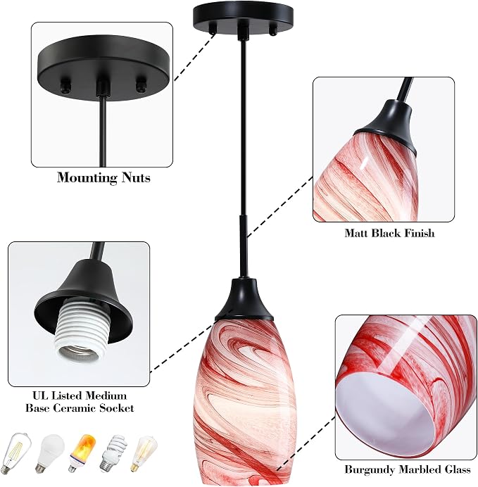 Viinew Mini Glass Pendant Light,Burgundy Marble Glass Hanging Light | 4.72" with Handblown Glass Oval Chadelier,1-Pack Glass Ceiling Pendant Light for Dining Room Kitchen Cafe Foyer