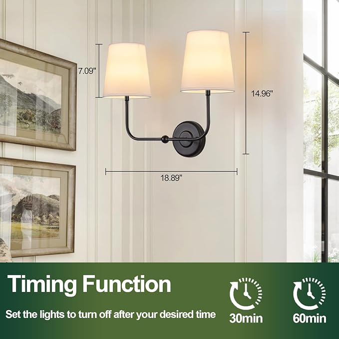 Battery Operated Double Wall Sconce, Cordless Rechargeable Battery Powered 2-Lights Fabric Sconces with Remote Control,Dimmable Sconce Wall Decor Lights for Vanity,Bedroom, Living Room