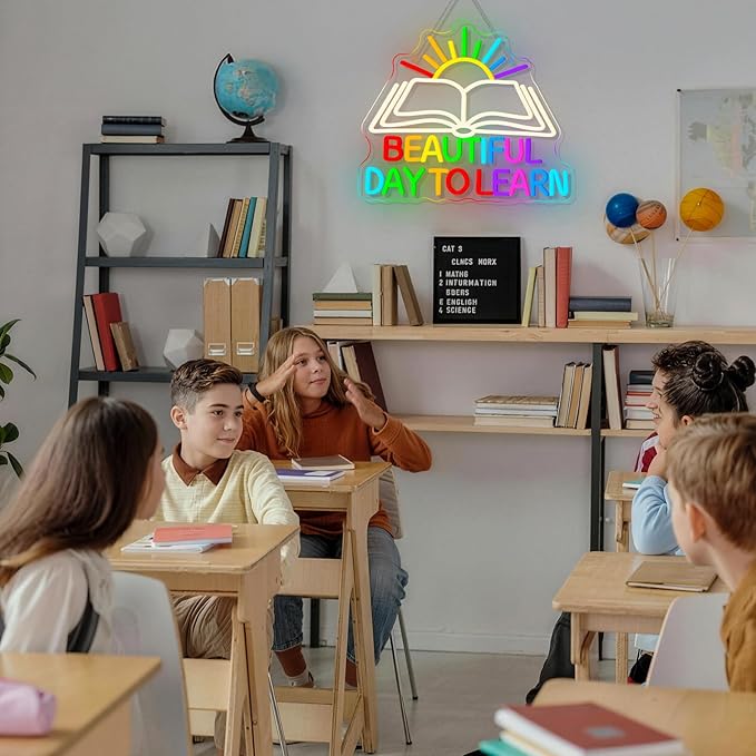 Beautiful Day Neon Sign To Learn Study Neon Signs for Classroom Wall Decor Rainbow LED Lights Up Classroom Bedroom in Reading Corner Decor Library LED Sign Study Office Gifts for Teens
