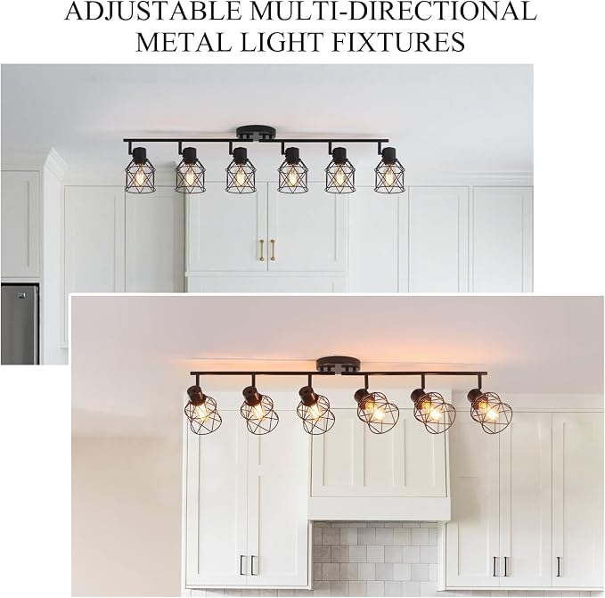 6 Lights Adjustable Multi-Directional Black Light Fixtures, Semi Flush Mount Ceiling Light, Kitchen Light Fixtures, Track Lighting Fixtures Metal Cage Industrial Spotlight Fixtures for Dining Room