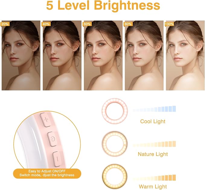 Clip on Ring Light, Kimwood Rechargeable 60 LED Selfie Ring Light for Phone, Laptop, Tablet (3 Models, 5 Level Brightness)