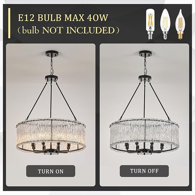 Modern Drum Chandelier 24.4" Black Crystal Glass Chandeliers 8-Light Luxury Ceiling Pendant Lighting Fixture for Dining Room Foyer Living Room Bedroom