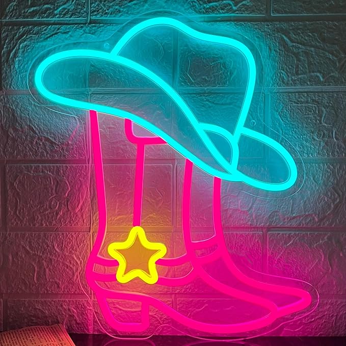 Cowboy Boot Hat Neon Sign, LED Western Pink Cowgirl Boots Neon Lights for Wall Decor, Cowboy Hats Neon Light Up Signs USB Powered for Bedroom Art, Game Room Party, Birthday Party, Christmas Gift