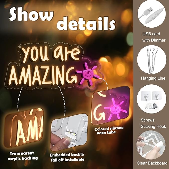 You Are Amazing Neon Sign Wall Decor for Bedroom Class Room Bar Pub Club Nursery Hanging,Dimmable USB Pink Led Light for Wedding Birthday Party Women Christmas Gifts