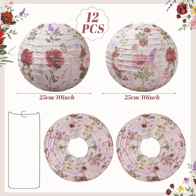 Honoson 12 Pcs Rose Paper Lanterns Tea Party Decorations Spring Floral Rose Flower Birthday Party Decorations 10 Inch Hanging Round Paper Lanterns for Wedding Bridal Shower Baby Shower