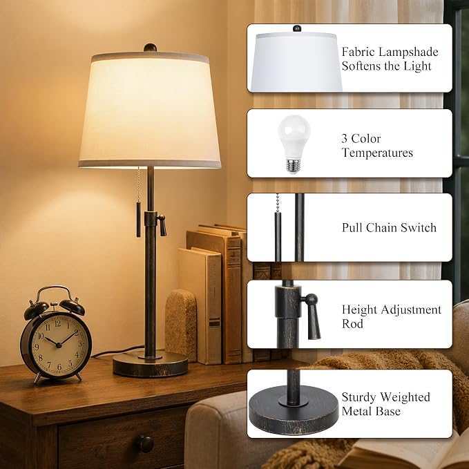 Adjustable Height Table Lamps Set of 2 22-30in Retro Black Brush Gold Modern Nightstand with White Shade 3 Color Temperature Pull Chain Bedside Lamps for Living Room Bedroom Hallway(Bulbs Included)