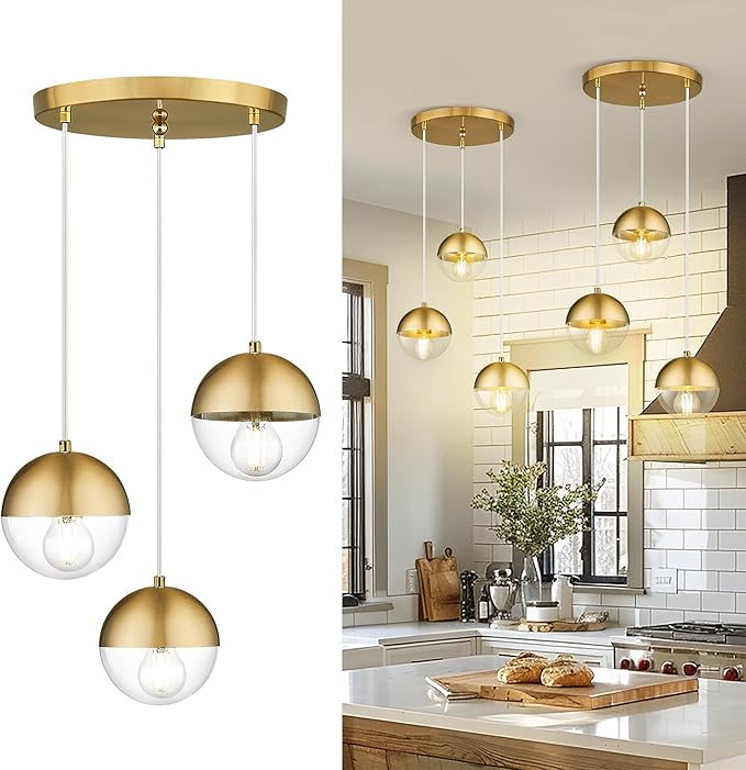 Brushed Gold 3-Light Cluster Pendant Lights, Modern Dining Room Light Fixtures Over Table with Clear Globe Glass, Adjustable Hanging Cord Ceiling Light for Dining Room Kitchen Island, LMS-186BGC3