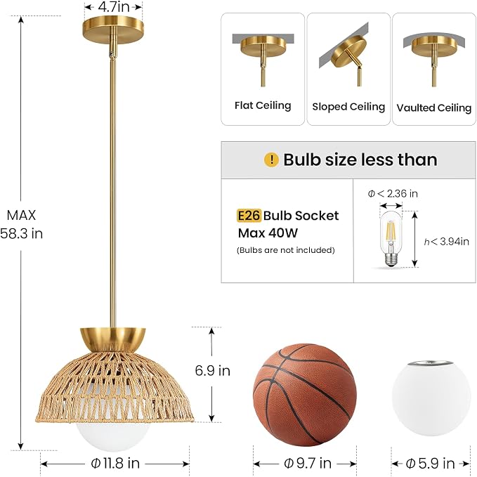 AIJIASI Rattan Pendant Light, 11.8" Hand Woven Boho Pendant Light Fixture with Milk Glass Globe, Gold Kitchen Pendant Lighting Over Island Adjustable Chandelier for Dining Room Hallway Foyer