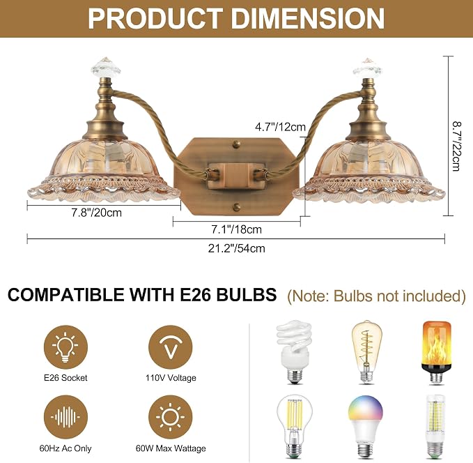 Vintage Bathroom Light Fixtures, 2 Light Brass Vanity Lights with Champagne Crystal Glass Flower Shade, Retro Wall Sconce for Bedroom, Living Room, Hallway