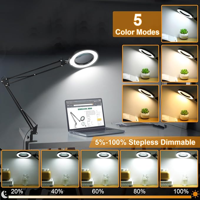 12X Large Magnifying Glass with Light and Clamp, Real Glass, 5 Color Modes, Stepless Dimmable, 2 x 16 Inch Adjustable Swing Arm Stand Desk Lamp, LED Lighted Magnifier Hands Free for Close Work, Hobby