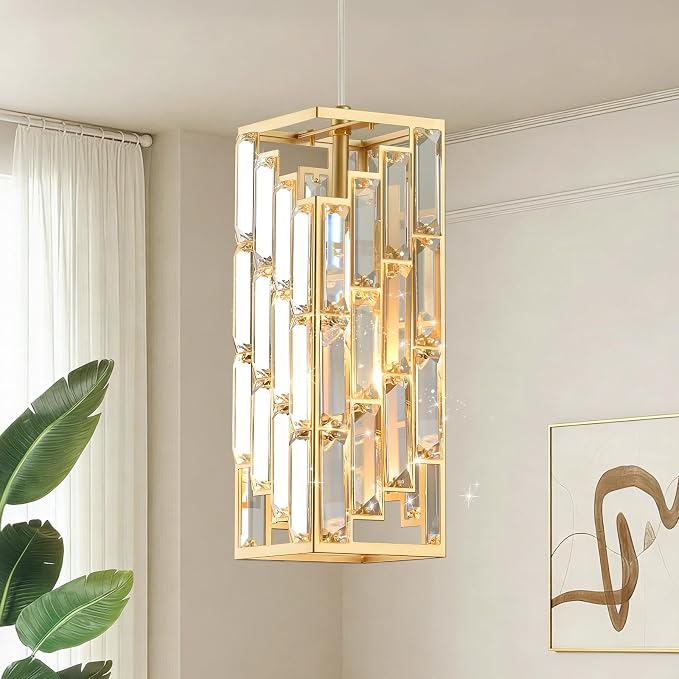 CATINER Gold Crystal Pendant Light, Mini Hanging Light, E26 | Gold crystal pendant light with adjustable 59" cord, E26 base, dimmable, ideal for kitchen island lighting