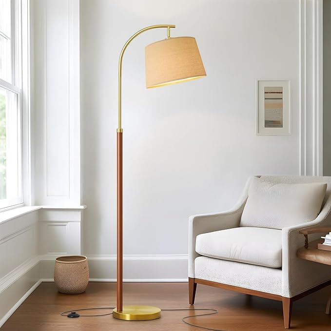 G-SAFAVA Real Wood Floor Lamps for Living Room Bedroom, 62.5" Mid Century Modern Lamp Gold Standing Tall Arc Lamps with Foot Switch, Floor Lamps for Nursery Office Decor Corner Reading Room Light