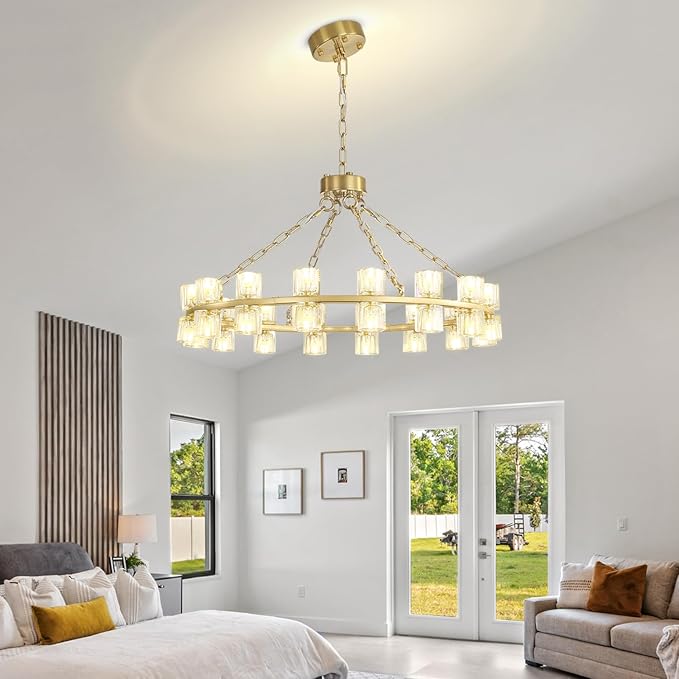 D32 Gold Wagon Wheel Chandeliers 32-Lights Modern Round Chandelier Crystal Chandeliers for Dining Room,Living Room Vintage Chandelier for Foyer Hallway