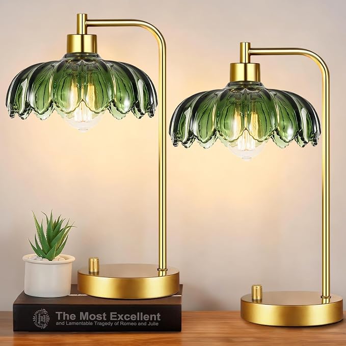ILLMTW Glass Table Lamp Set of 2,Small Gold Bedside Lamps Dimmable Boho Bedroom Lamp with Tulip Flower Green Lamp Shade,Vintage Mid Century Modern Mini Nightstand Lamp for Bedroom Living Room