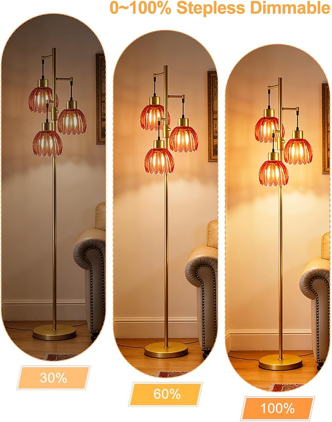 Lightdot 65'' Glass Floor Lamp Dimmable Gold with Deep Red Lotus Glass Shade & 3000K Bulbs Included 3-Lights Modern Tall Standing Lamp with 5Lbs Heavy Base for Living Room/Bedroom/Sofa/Corner Decor