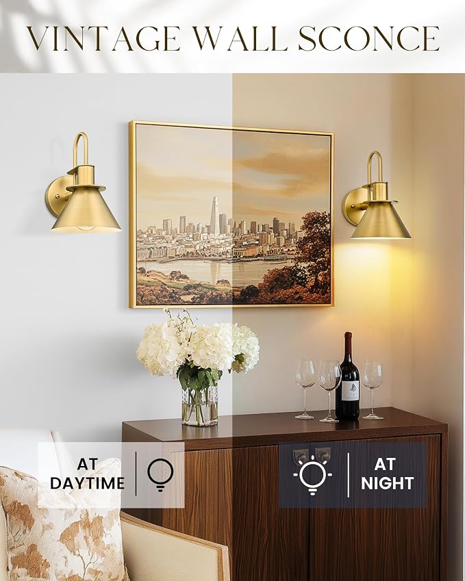 Wall Sconces Set of 2, HWH 1-Light Gold Bathroom Light Fixtures, Modern Barn Wall Lamp with Metal Shade, Indoor Wall Sconce Lighting for Bedroom Kitchen, Gold Finish, 5HZG56B-2 BG