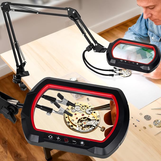 12X Square Magnifying Glass with Light and Clamp, Solder Helping Hand | Workbench Lighted Magnifier, 3-Section Swing Arm, 5 Colors Stepless Dimmable LED Desk Lamp with Stand for Hobby Repair Craft