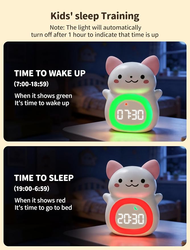 MASHI Cat Kids Alarm Clock with Time to Wake Sleep Trainer White Noise | Sun & moon wake cues, 7-color night light,Snooze， dual alarms and 6 soothing sounds help kids build healthy sleep habits