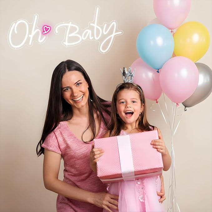 37.7x15.7inch Large Oh Baby Neon Sign for Backdrop-Dimmable LED Light Up Sign for Backdrop & Wall Decor,Gender Reveal, Baby Showe, Bedroom, Nursery
