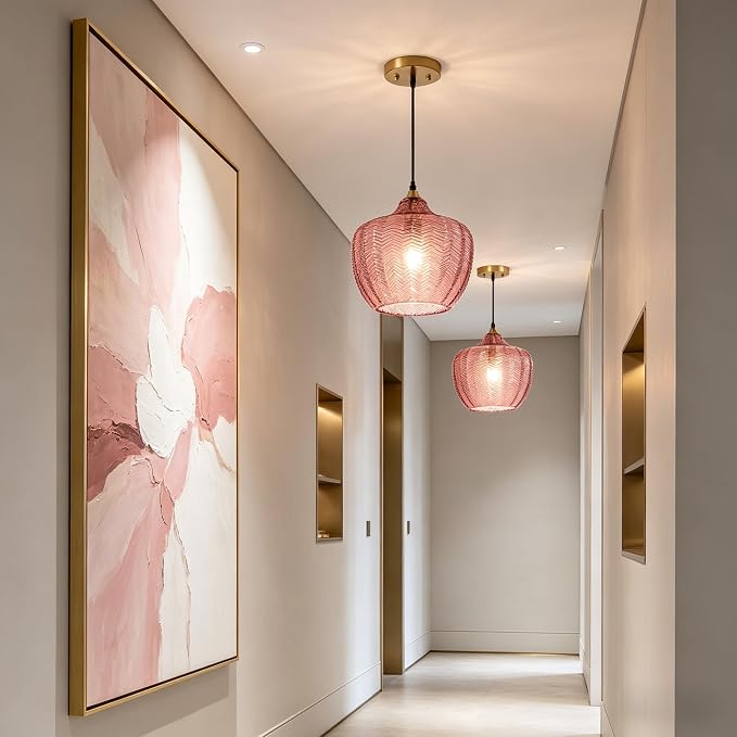 Pink Glass Pendant Lights Kitchen Island Gold Hanging Ceiling Light 9.45" | 1 Pack, Adjustable height, Dimmable, E26 bulbs, Rust-resistant Damp Rated For Bathrooms, 5-Year Warranty, UL Certification