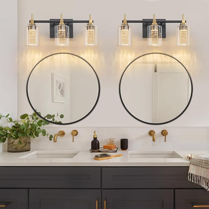 Vanity Light with 3 Color Modes (3000K/4000K/6000K), Eye Protection LED Bathroom Light Fixture, Dimmable Modern Wall Light Over Mirror with Clear Glass Shade (Black and Gold, 3-Light)