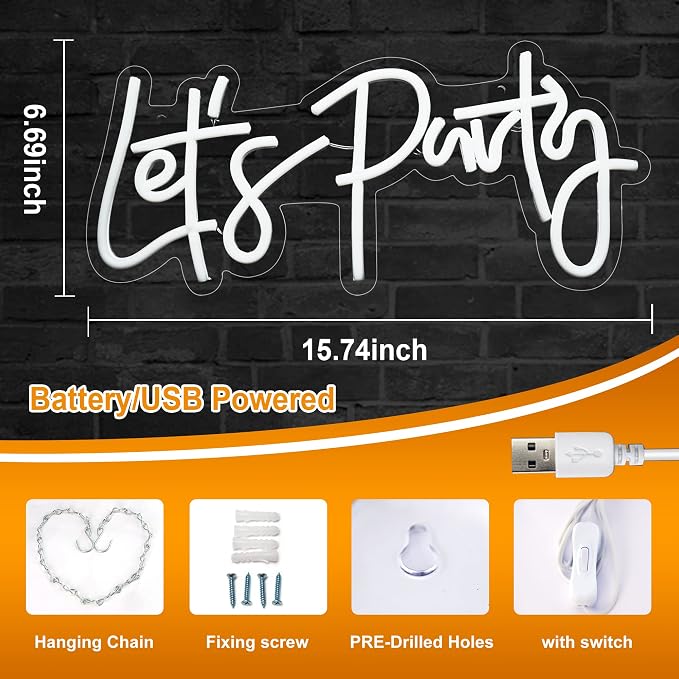 Let's Party Neon Sign, USB Powered Led Light for Birthday Party Bar Decor | for Pub Prom Wedding Festival Events Graduation Decorations, Dimmable, Portable, Easy Hanging Install, 15.7in, Warm White