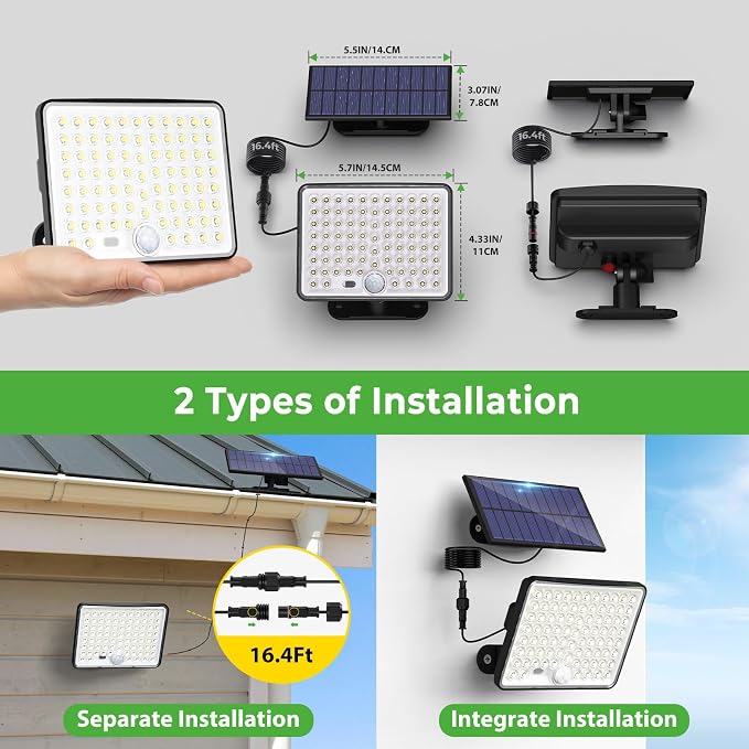 nipify Solar Lights Outdoor,3 Modes Solar Flood Lights Outdoor with Remote Control,IP65 Waterproof Solar Security Lights, 16ft Cable Solar Motion Lights for Outside Yard Garage Garden Dusk to Dawn
