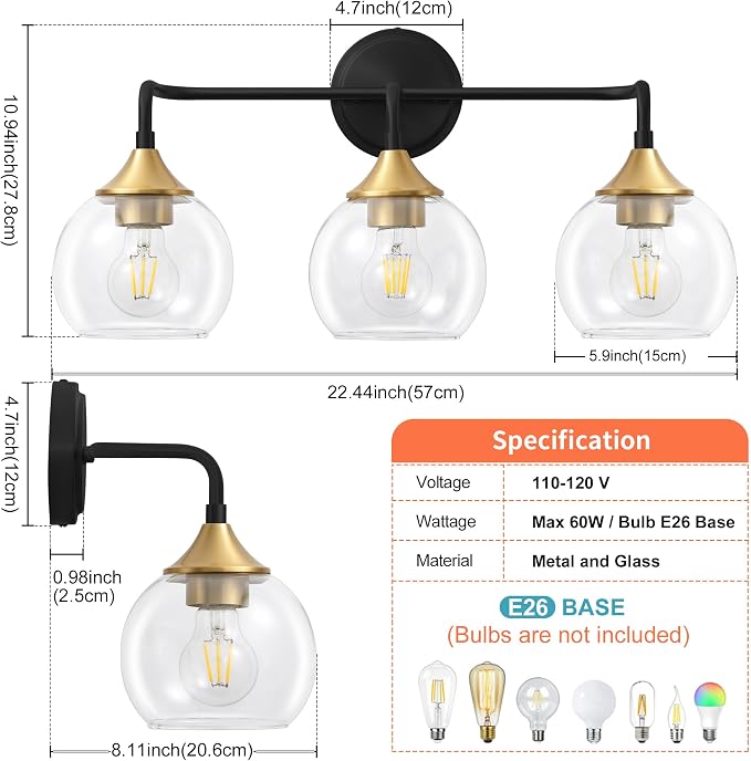Bathroom Light Fixtures 3-Light Black and Gold Vanity Light 22" | Farmhouse Bathroom Lights, Thickened Clear Glass Shade, UL E26 Dimmable Vanity Lighting Fixtures Over Mirror