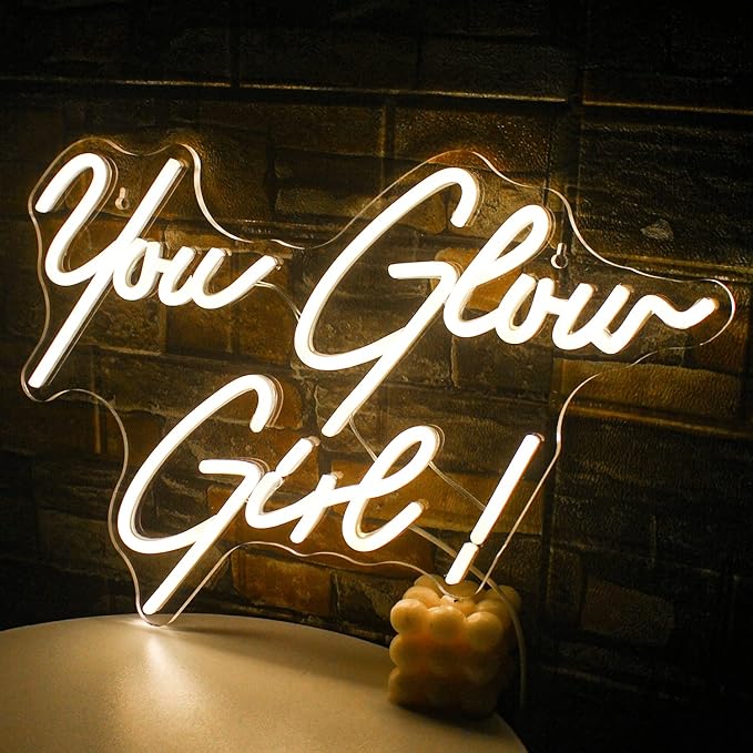 You Glow Girl Neon Sign Led Warm White Word Neon Light Up Signs for Wall Decor Usb Letter Neon Lights for Bedroom Home Wedding Birthday Party Girls Gifts