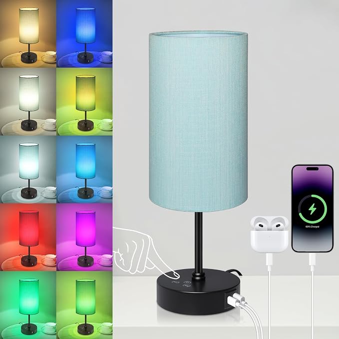 Table Lamp for Bedroom, 3 Color Temperatures, 7 RGB Colors, Adjustable Brightness, Dual USB Charging Ports, Ambience Nightstand Light with Blue Shade, Desk Lamp for Kids Reading Home Office