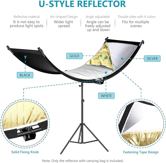 Neewer U-Type Light Diffuser Reflector for Studio and Photography Situation with Carrying Case, Arclight Curved Reflector 167 x 61 cm in Black/White/Gold/Silver (Light Stand Not Included)