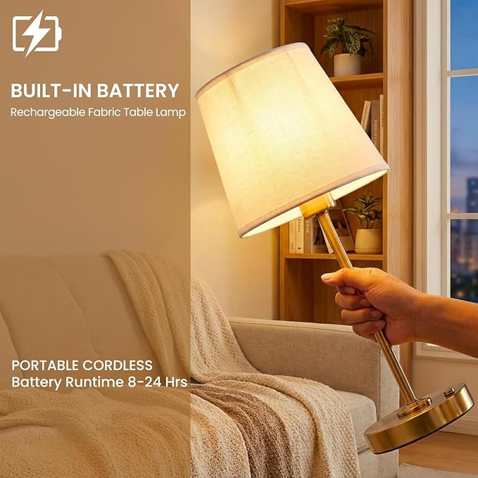 Gold Portable Cordless Table Lamp, Rechargeable Bedside Lamp, Tall | 3000mAh battery, touch stepless dimming, 2700K warm light, fabric shade and USB-C charging for bedroom, nightstand and desk.