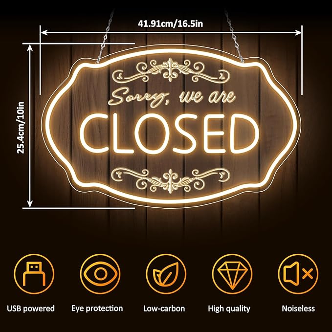 LED Neon Closed Sign for Business, 16.5x10'' Sorry We’re Closed Signs, Warm White Adjustable Brightness Neon Lights for Party, Bar, Salon, Stores, Hotel, Wall Decor, Clubs, office, Hotels