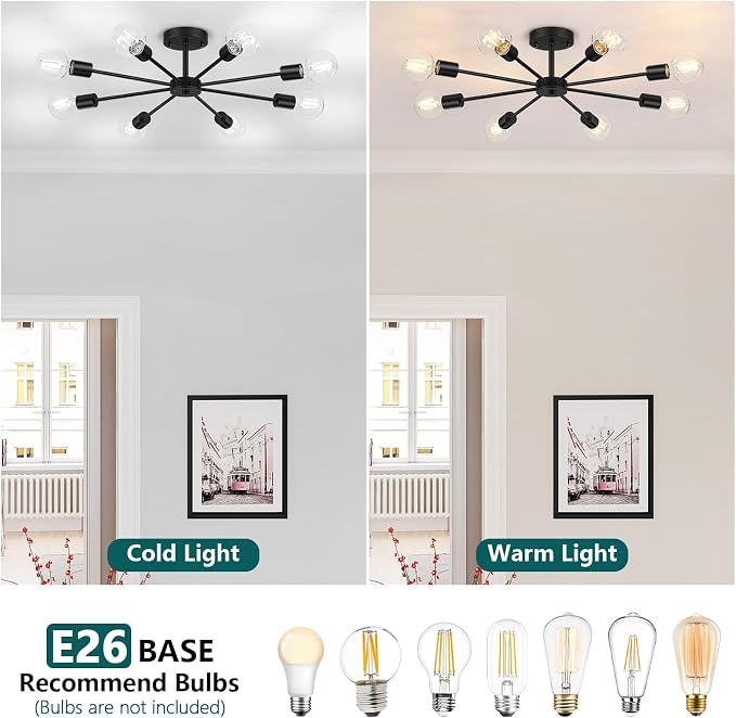 Lomoky 8-Lights Semi Flush Mount Ceiling Light, Matte Black Hallway Ceiling Lighting with E26 Base, Modern Sputnik Light Fixtures for Kitchen Dining Room Bedroom Living Room