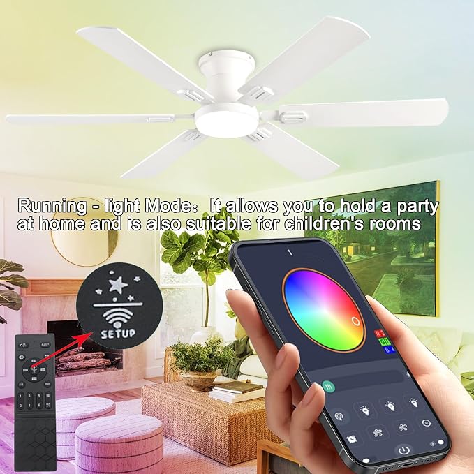 KNUN 56 inch Ceiling Fans with Lights, White Flush Mount Ceiling fan with Light and Remote/APP Control, 3CCT,Dimmable, Noiseless, Low Profile Ceiling Fan for Bedroom, Patio, Indoor/Outdoor Use