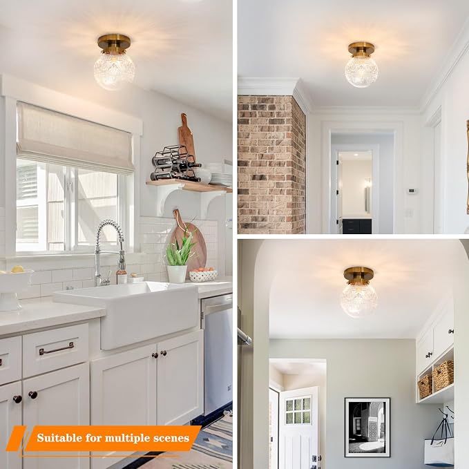 Daunton Small Semi Flush Mount Ceiling Light, Modern Globe Clear Glass Ceiling Light Fixture, Vintage Brass Gold Hallway Light Fixtures for Kitchen, Entryway, Bathroom, Closet