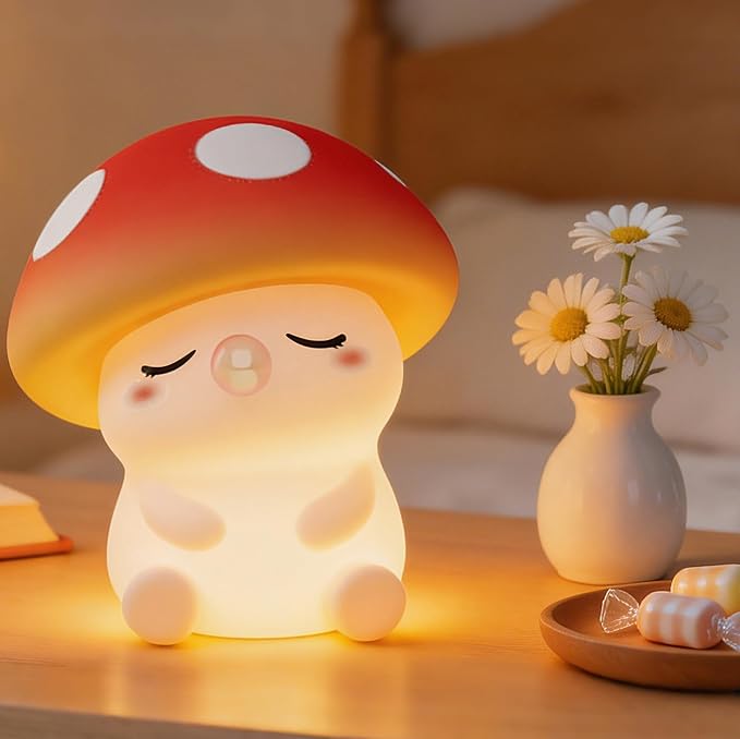 FAMIDUO Mushroom Night Light, Squishy Silicone Touch Bedside Nursery Lamp | Warm Glow, Safe BPA-free Silicone, 20-min Auto Sleep Timer, 2 Brightness,Kids Room Decor, Baby Shower Gifts for Girls Toddler