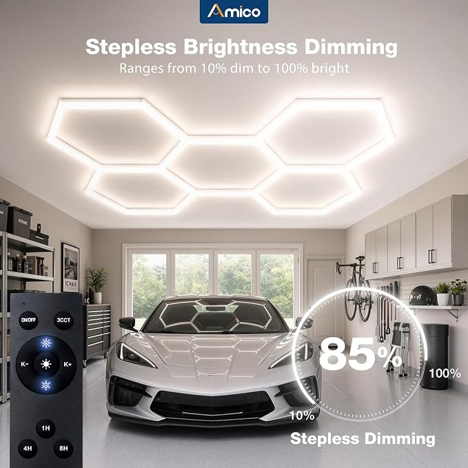 Amico Hexagon Garage Lights Dimmable & Tunable, 5 Hex Grid, Remote & Timer | 10-100% Stepless Dimming, 3500K-6500K Adjustable, 192W 21000LM Honeycomb LED Ceiling Lights for Garage Workshop Car Detailing