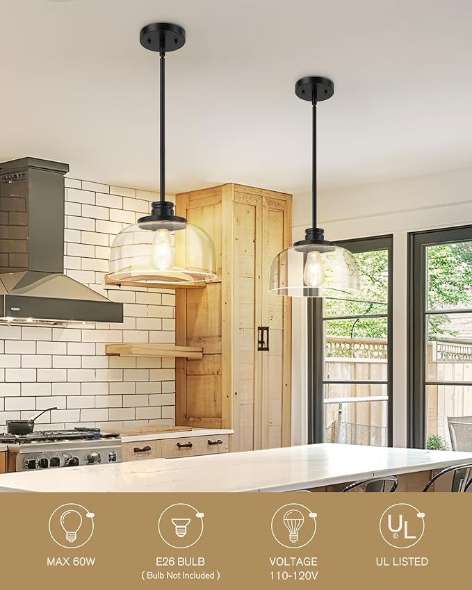 Emak Modern Pendant Lights Kitchen Island, Black Pendant Light with 10 Inch Clear Glass Shade, Farmhouse Hanging Light Fixture for Kitchen Island, Dining Room, Bathroom, Bar, PL131-BK-CG