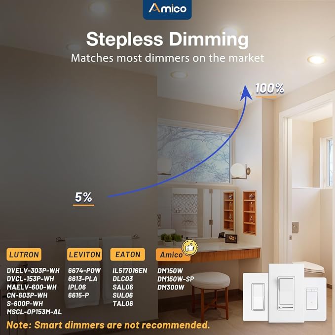 Amico 12 Pack 6 Inch Ultra-Thin LED Recessed Ceiling Lights Gold Finish | Metal 5CCT 2700K-5000K Dimmable Canless Wafer Downlight with Junction Box, Damp Location, IC Rated, ETL&FCC
