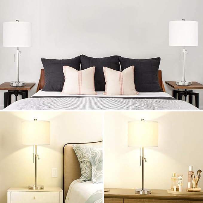 Table Lamps for Bedrooms Set of 2, 22" to 30" Height Adjustable Nightstand Lamps with Linen Shade, Pull Chain Switch Lamps for Living Room, 3 Way Dimmable Bedside Lamp