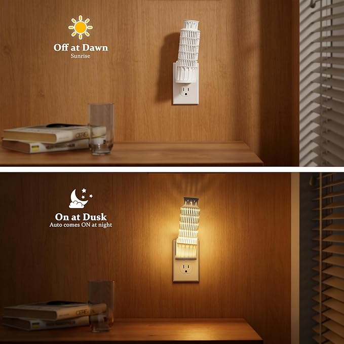 JandCase Night Lights Plug into Wall,2 Pack 3D Printed Leaning Tower of Pisa Night Light,3000K Plug in Nightlight with Dusk to Dawn Sensor,0-100LM Adjustable Brightness for Rooms Bathroom Hallway