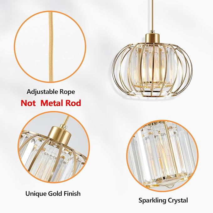 Gold Pendant Light Fixture, Modern Crystal Pendant Lights Kitchen Island, 1-Light Farmhouse Mini Chandelier, Adjustable Brass Hanging Light Fixture for Hallway, Bedroom, Dining Room