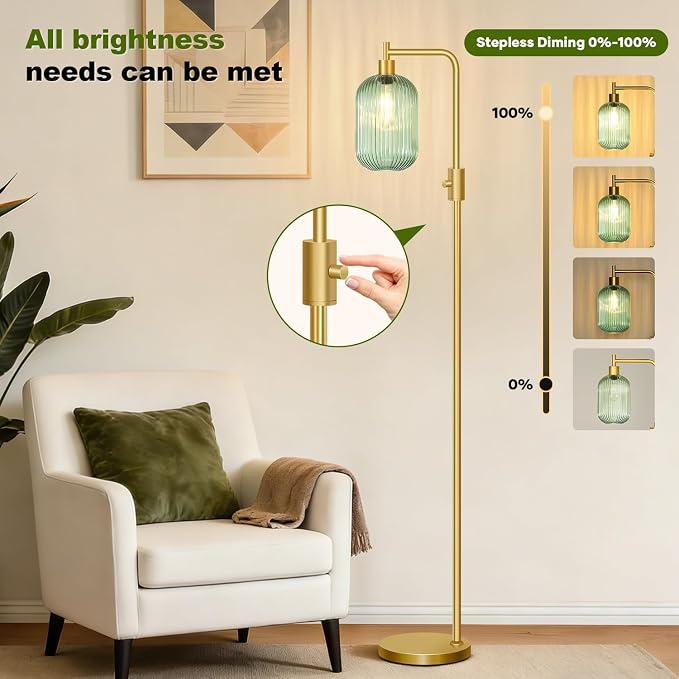 【Upgraded】 Dimmable Floor Lamp for Living Room with Green Ribbed Glass Lampshade, Gold Modern Floor Lamp with 900LM LED Bulb Included, Arc Standing Tall Lamp for Bedroom, Office, Reading Room, Corner