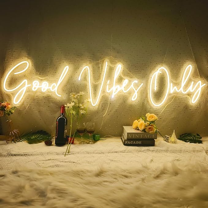 Super Large Good Vibes Only Neon Signs for Wall Decor, 57 Inch Good Vibes Only Neon Sign Large with Remote Dimmer, Neon Lights for Bedroom Wedding Christmas Party, Bar, Club Decor, Warm White